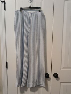 Wide Leg Striped Linen-Blend Pants in Light Blue & White